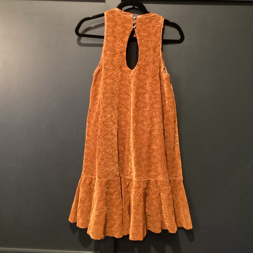 Maeve Amis Anthropologie Copper brown CottonVelvet eyelet Ruffle mini Dress 2 - Picture 3 of 9